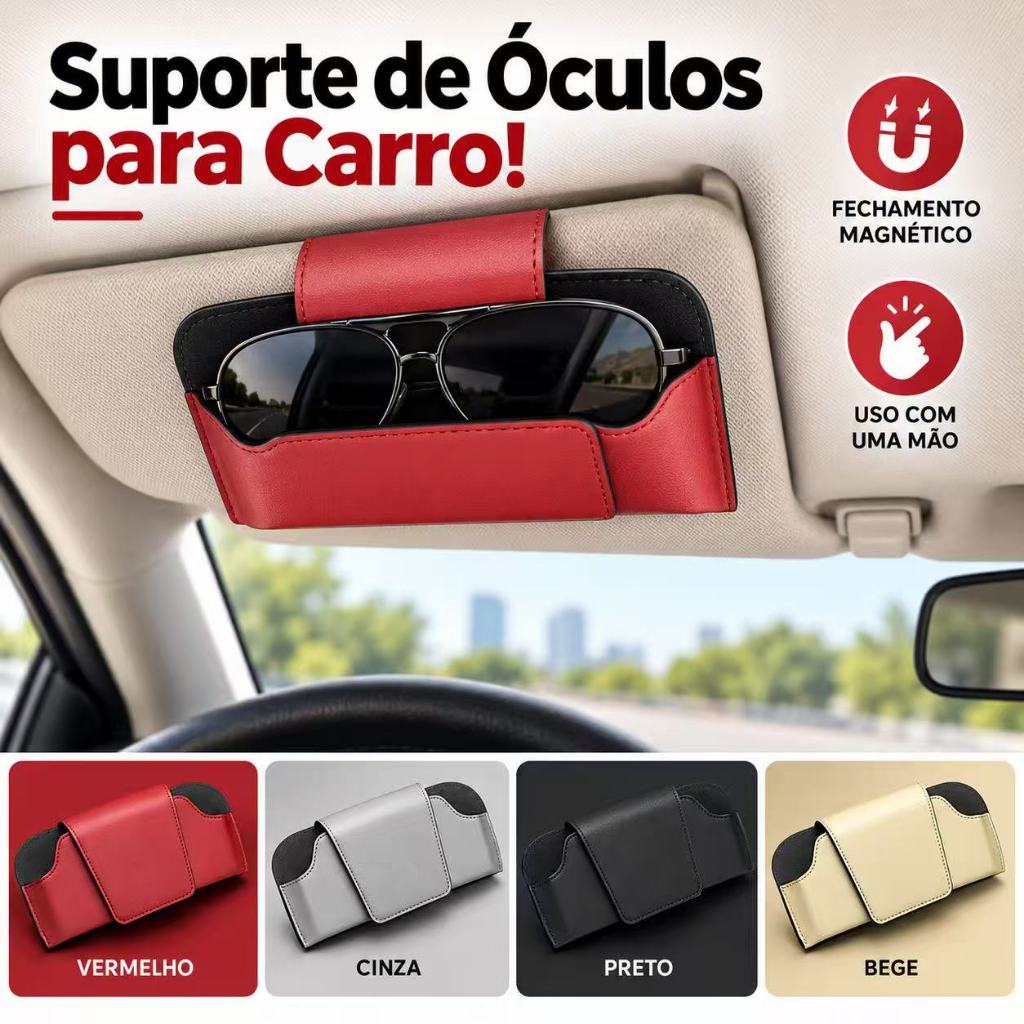 Suporte de Óculos para Carro com Fechamento Magnético Couro PU Porta Óculos para Pala de Sol Automotivo Universal Organi