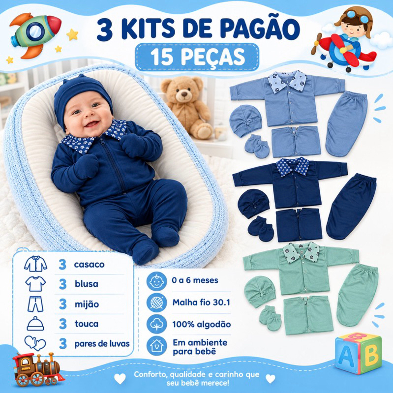 Kit Pagão Gola Bordada 3 Conjunto 15 Peças Malha Hipoalegênico 100% algodão.