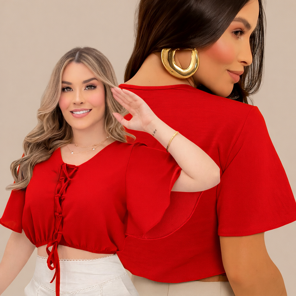 Blusa Cropped Feminina Manga Solta Ajustável Tendência Verão Casual Chic Amarração Frontal 2026