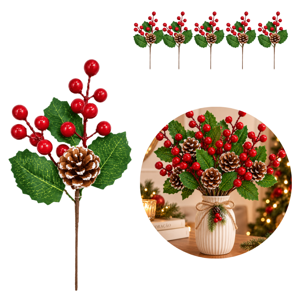 Kit Galhos Natalinos Azevinhos Cerejinha Pinha Flores de Natal Artificiais, Enfeites para Árvore de Natal e Decoração