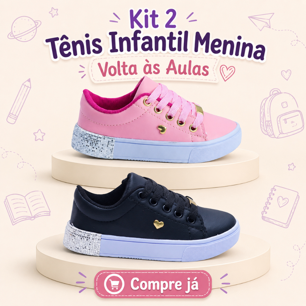 Kit 2 Pares Tênis Infantil Feminino Macio Leve Casual e Escolar do 25 ao 36 Envio Rápido
