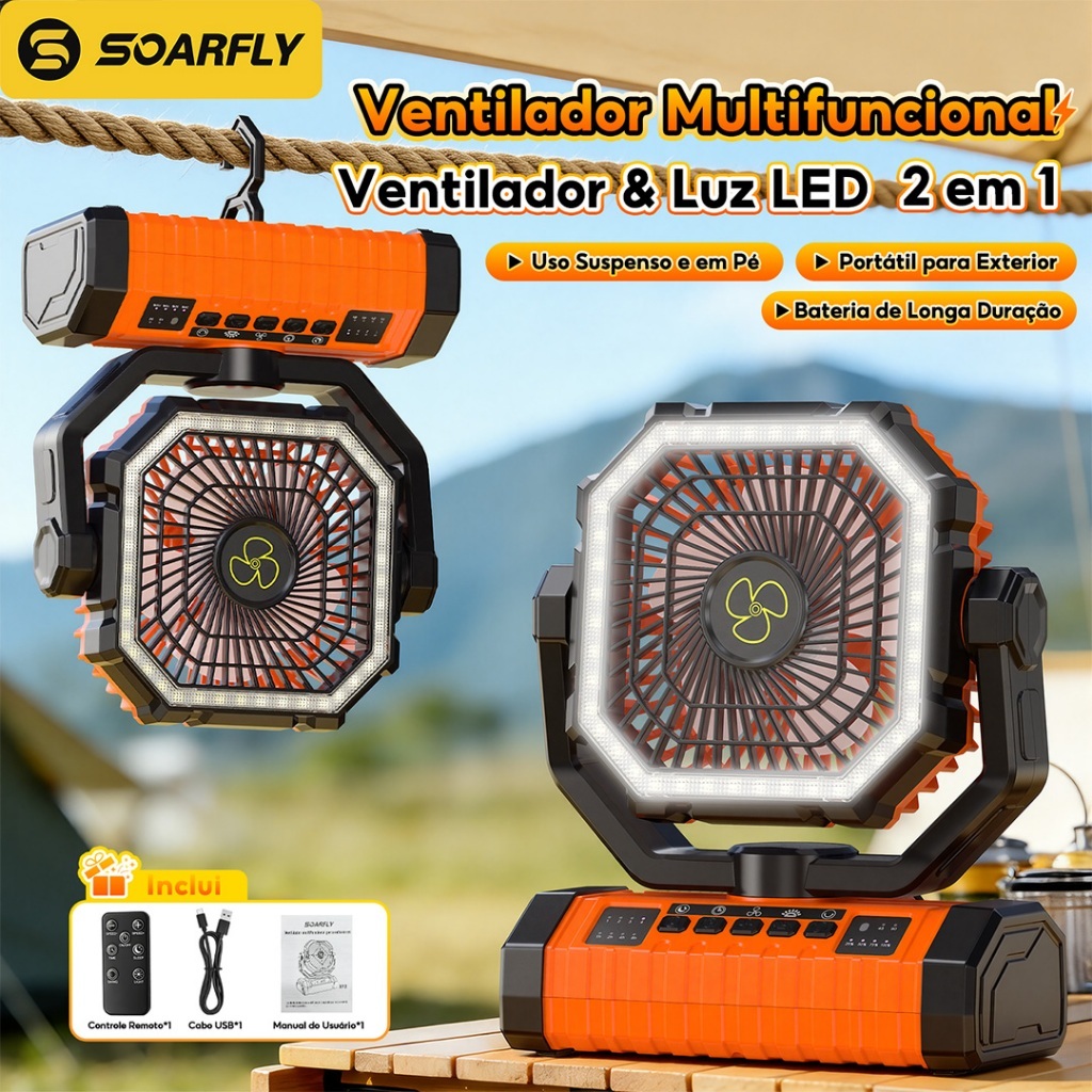 SOARFLY Ventilador Camping 20000mAh com LED, Super Longa Duração, Silencioso, USB Recarregável Portátil