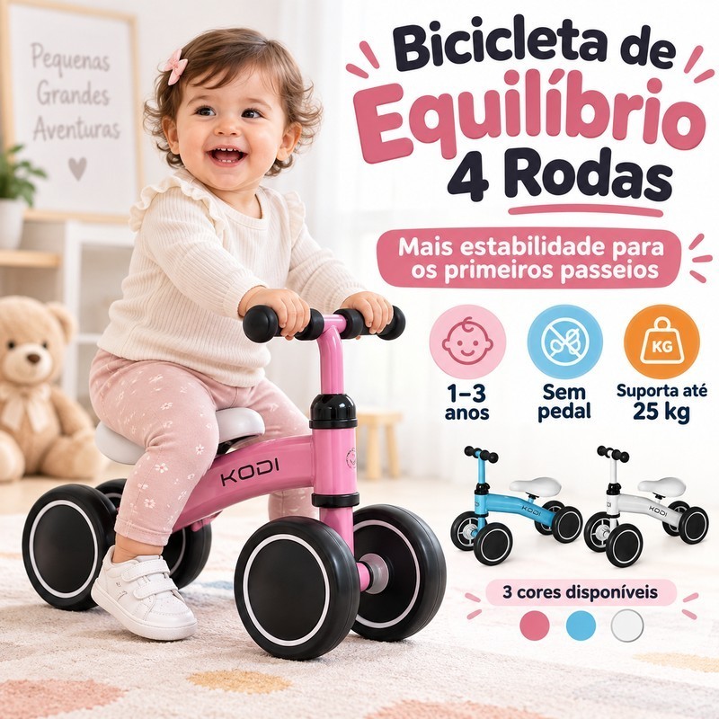 Bicicleta de Equilíbrio Infantil 4 Rodas Sem Pedal com Guidão Ajustável 1 a 3 Anos Até 25kg P14