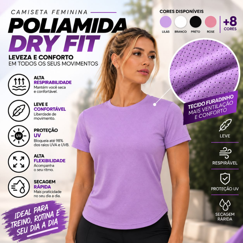 Camiseta Feminina Dry Fit Poliamida Tecido Gelado Furadinho Leve Uso Casual Academia Fitness