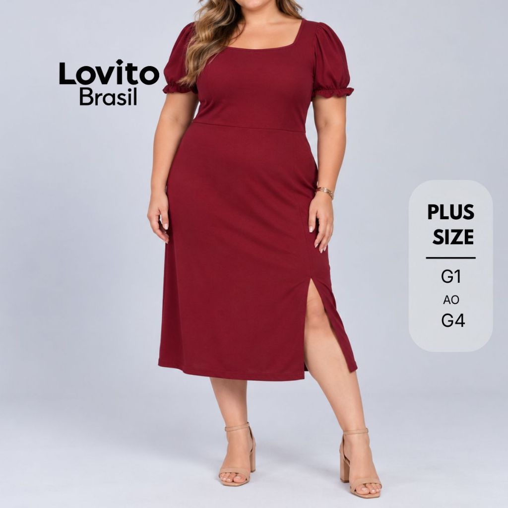Lovito Plus Size Vestido Midi com Fenda DRB171BRL200