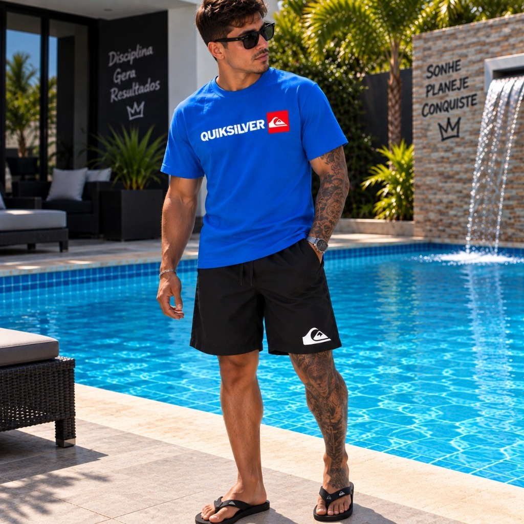 Kit Masculino Camisa Algodão + Short Tectel Elastano Silver Camiseta + Bermuda Moda Academia Verão / Lazer Exclusiva