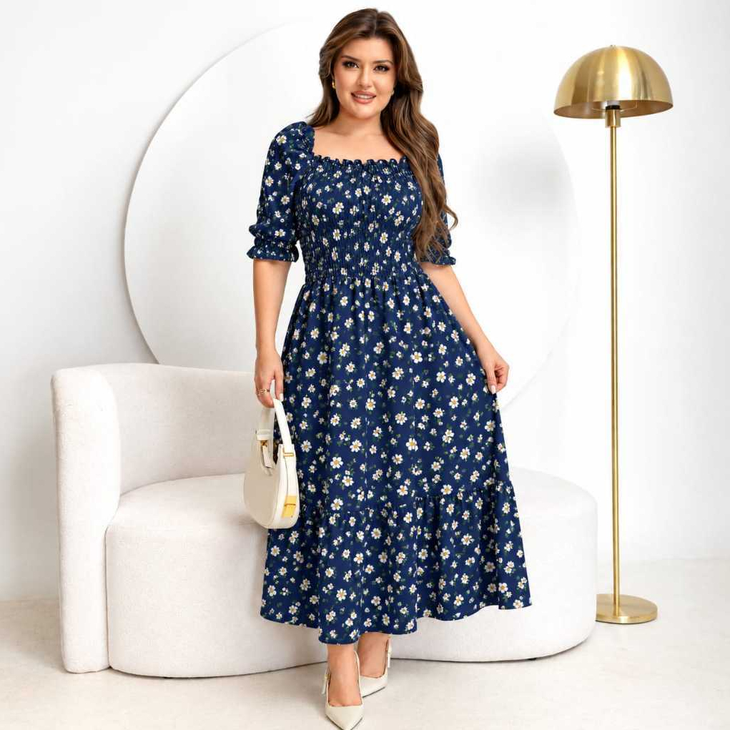 Vestido Feminino Midi com Manga Bufante Elastex, Estampada Florzinhas
