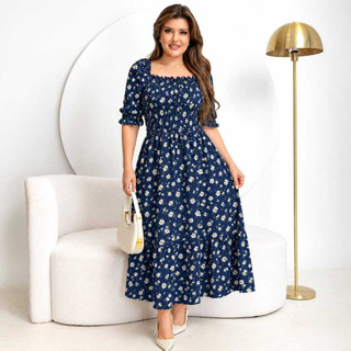 Vestido Feminino Midi com Manga Bufante Elastex, Estampada Florzinhas
