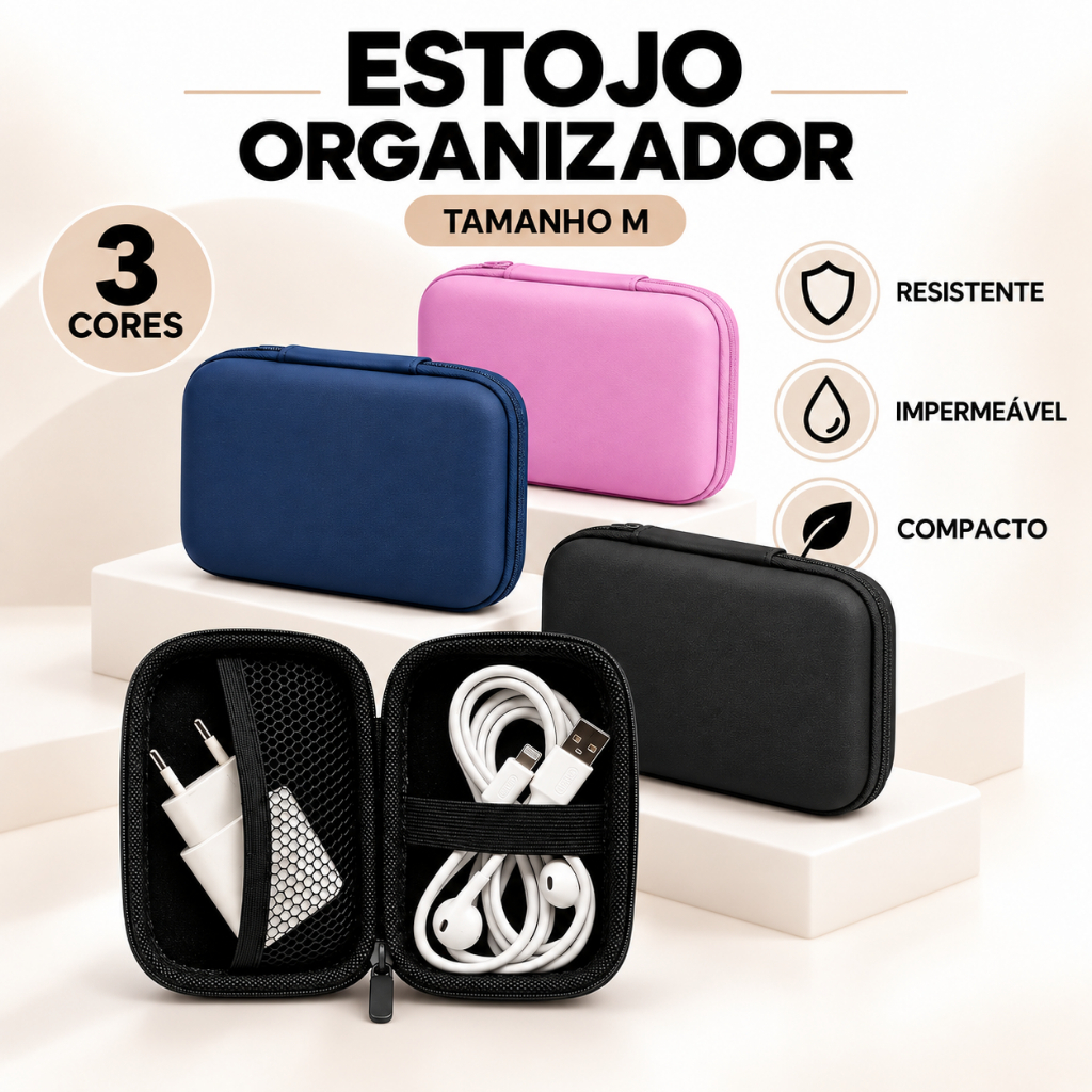 Estojo Organizador Tamanho 13,2x8,6cm para Cabos Carregadores Fones Eletrônicos Resistente Impermeável 3 Cores