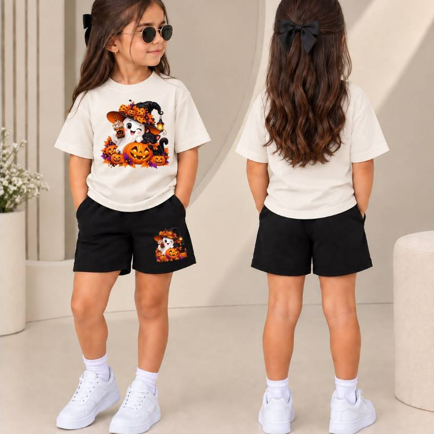 Fofura e Estilo Juntos: Conjunto Infantil Feminino Fantasminha Halloween Camiseta Estampada + Short de Moletom