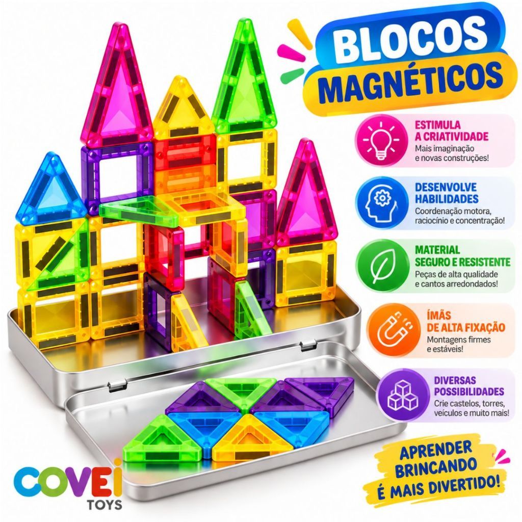 Blocos Magnéticos de Montar Infantil 42/56/82 Peças Geométricas Brinquedo Construção Criativa Menino