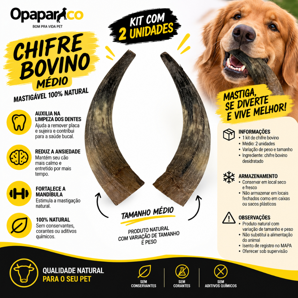 Mordedor Natural Artesanal Chifre Bovino Tamanho Médio Opaparico - Kit de 2un