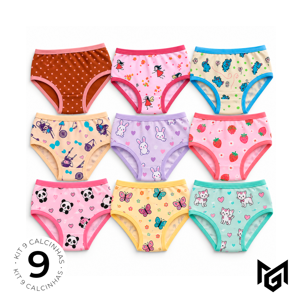 Kit 9 Calcinhas Tanga Infantil Feminina Menina Juvenil Algodão Confortável Estampas Sortidas
