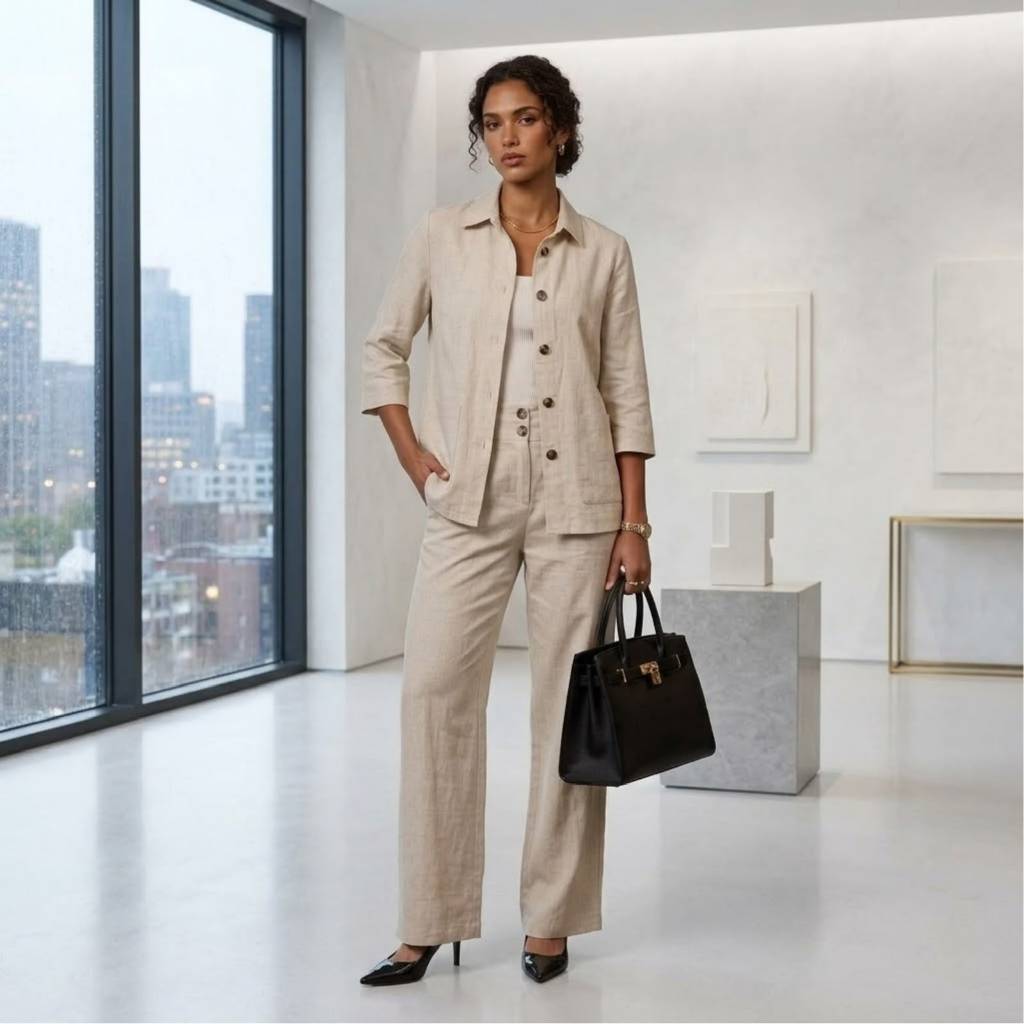 CONJUNTO DE LINHO FEMININO CALÇA PANTALONA E BLAZER ELEGANTE