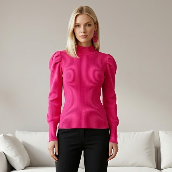 Blusa Feminina Canelada Manga Puff Princesa Inverno Tricot Elegante