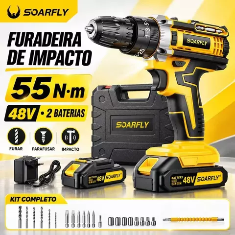 SOARFLY Parafusadeira Furadeira 48V 2 Baterias Com Maleta e Acessórios Completo 28pcs