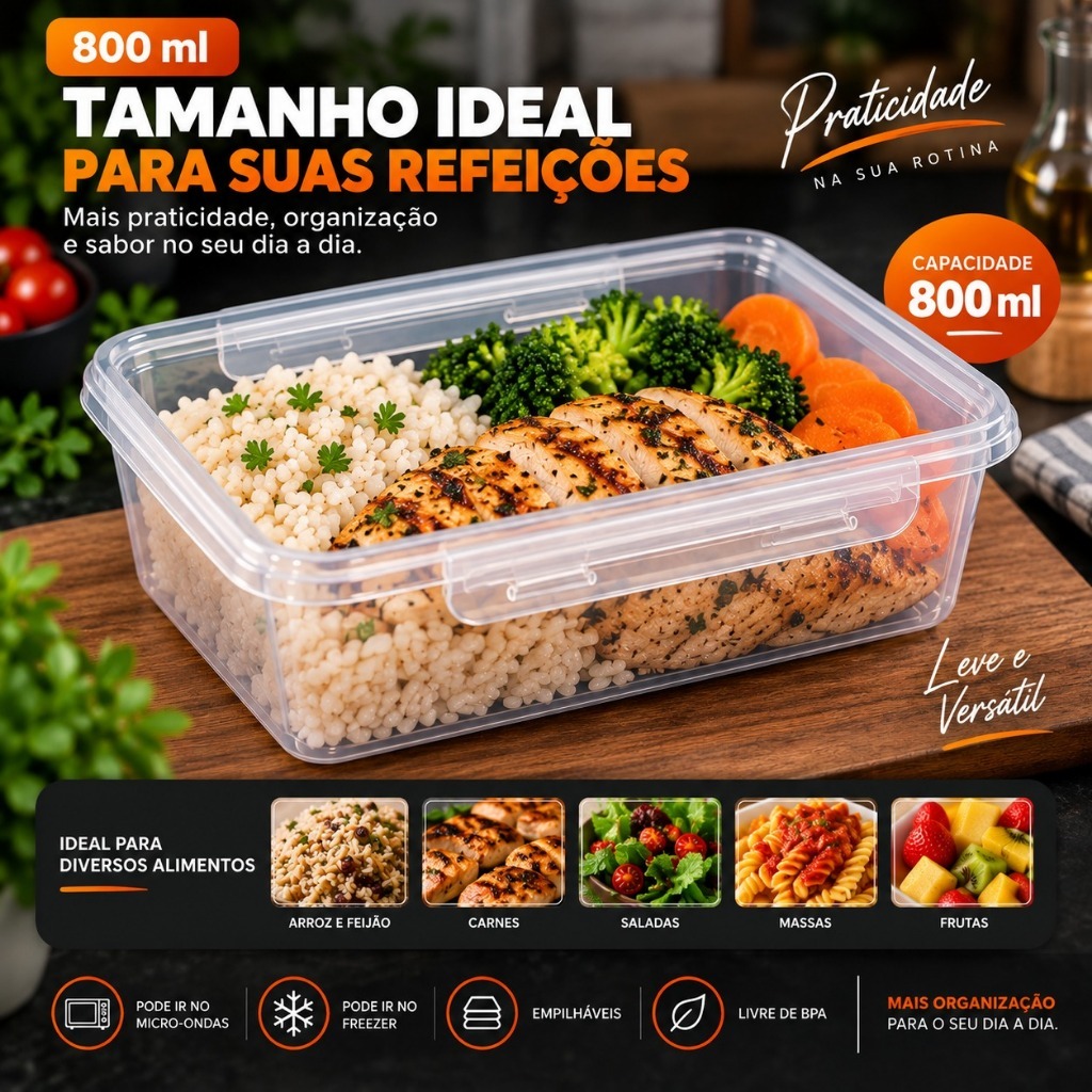 Kit Com 10 potes 800ml Tampa Com Trava Marmita Fitness Lavavel Freezer Microondas Durável BPAFree — imagem 2 de 2
