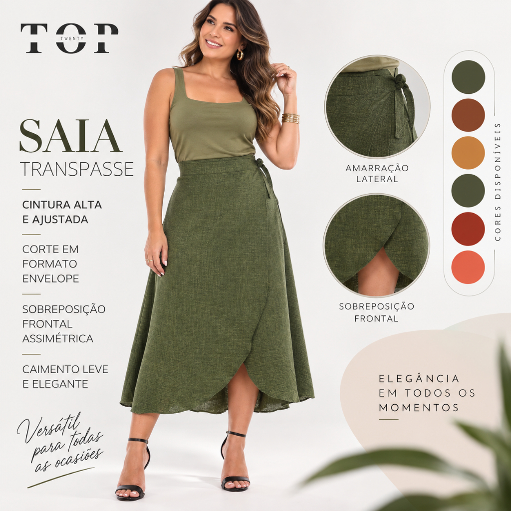 Saia Feminina Envelope Casual Lisa Transpassada Midi Amarração Lateral