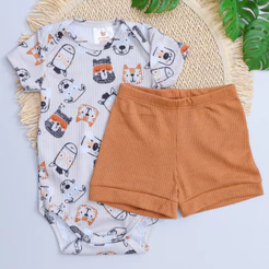 Conjunto Bebê Verão Body Infantil Bichinhos e Bermuda Marrom Menino