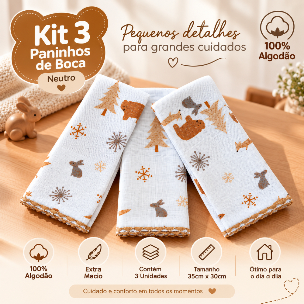 Kit 3 Toalha Paninho de boca 100% algodão Menino Menina Sortido Enxoval