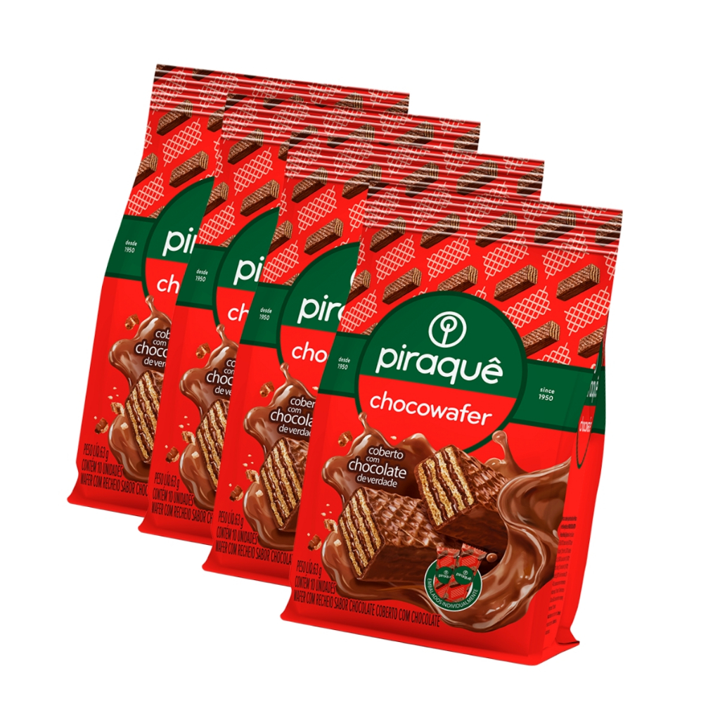 Kit 4un Wafer Piraquê Chocowafer Chocolate Coberto 63g