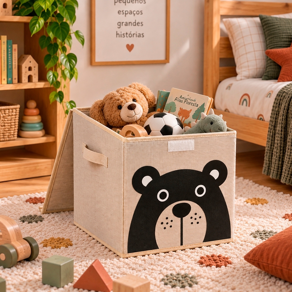Caixa Organizadora Infantil Brinquedos Multiuso Linho Tampa Baú Animal Box Oky's
