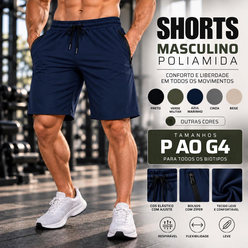 Shorts Poliamida Masculino Bermuda Tactel Dry Fit Tecido Gelado Seca Rapido Fitness com bolso Short para Academia Casual