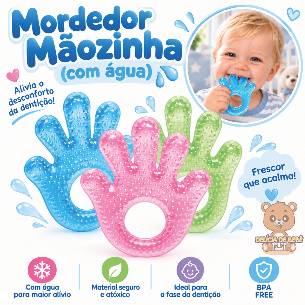 Mordedor Bebê Com Agua Gel Maozinha Colorido Alivio da Gengiva Refrescante Dentição - Massageador