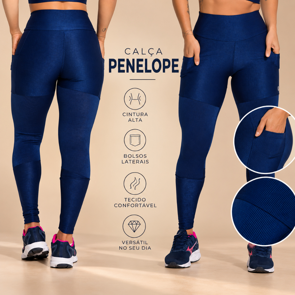 Calça Legging Penelope Com Bolsos Laterais Canelada e Cintura Alta Moda Fitness Feminina Academia