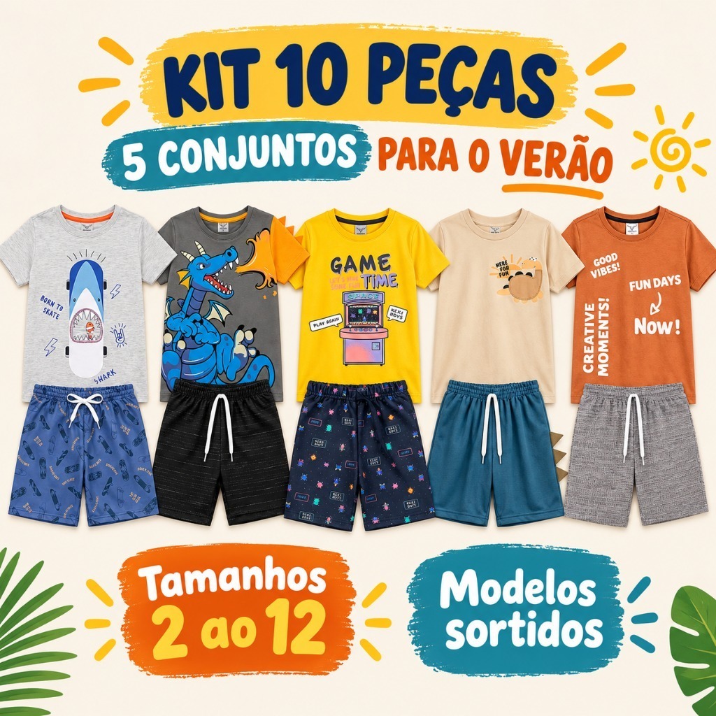 Kit Sortido 10 Peças de Roupas Infantil Menino 5 Camisetas + 5 Bermudas - Kit com 5 Conjuntos de Roupa Infantil Verão