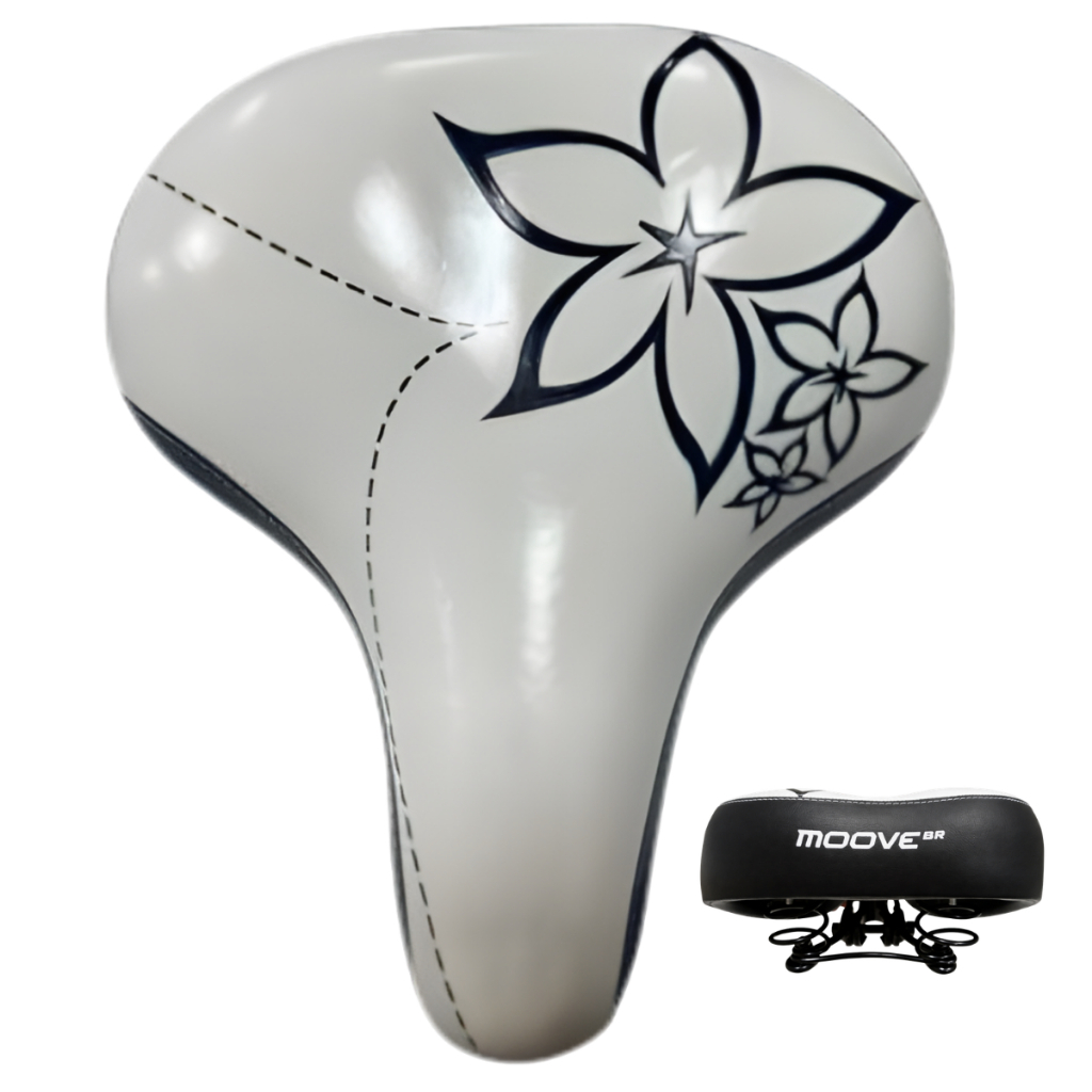 Selim de Bicicleta Largo com 2 Molas Estampado de Flores Banco Bike Confortável Moove Branco/Preto