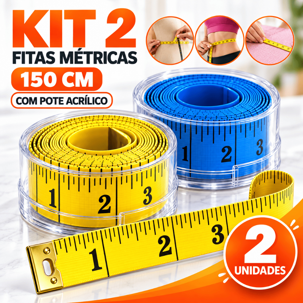 Kit 2 Fita Métrica Trena 1,5m Flexivel Costura Alfaiate Artesanato Medir Corpo Academia c/ Pote Organizador