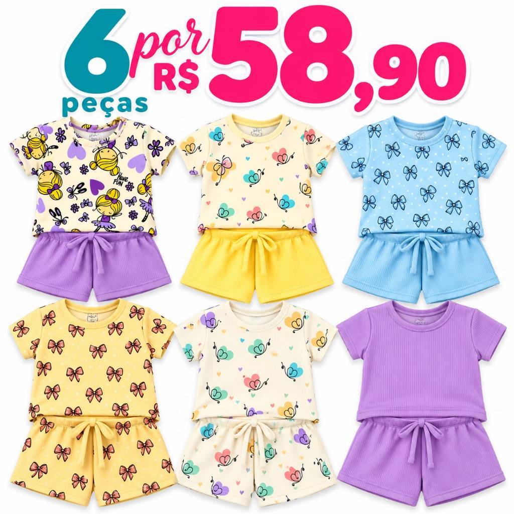 Kit Conjunto infantil Camiseta Shorts Menina Criança Estampada Roupa Confortável Premium Luxo Verão Algodão Festa 2 4 6