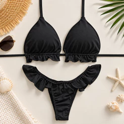 Biquíni Feminino Cortinha Fio Dental Babado Moda Praia Verão
