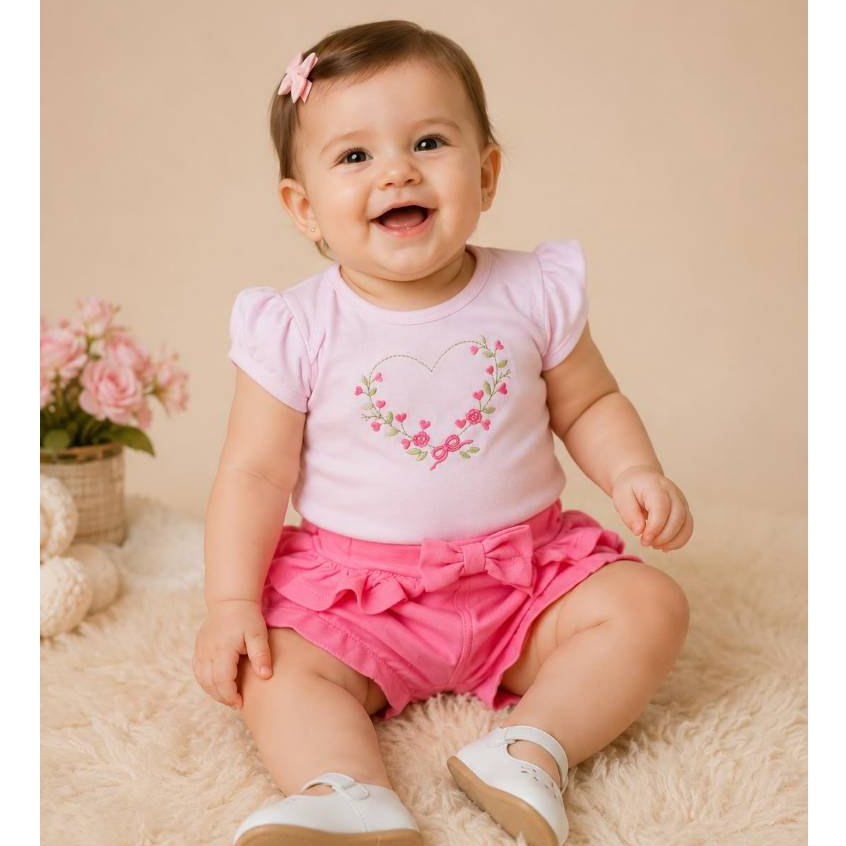 Conjunto Bebê Menina Verão Body + Short 100% Algodão Roupa Infantil Feminina Serelepe Kids