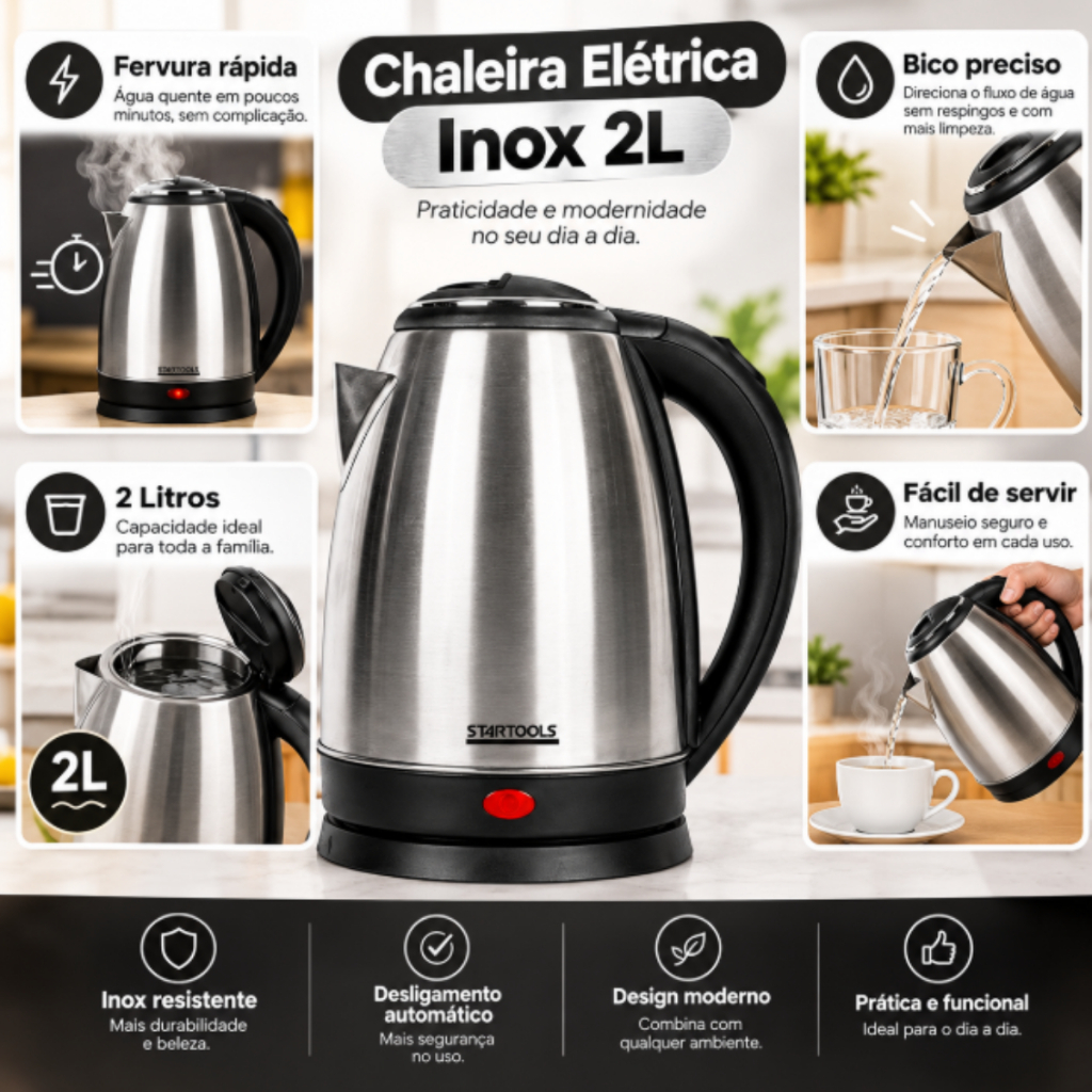 Chaleira Elétrica Jarra 2 Litros 127V Inox para Café Chá Aquecimento Rápido