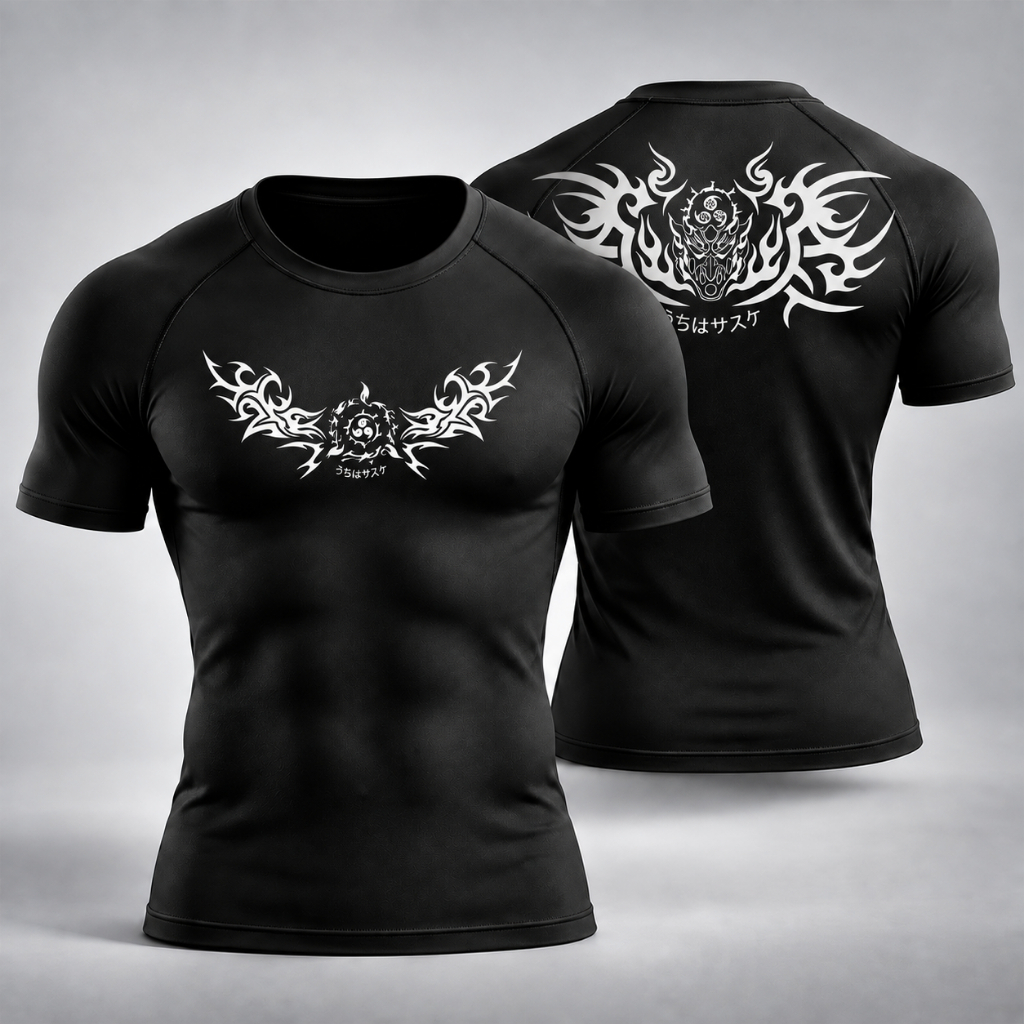 Camiseta Compressão Costura Inversa Apertada Masculina Fitness Sasuke Uchiha Sharingan Akatsuki Naruto Anime Esportiva