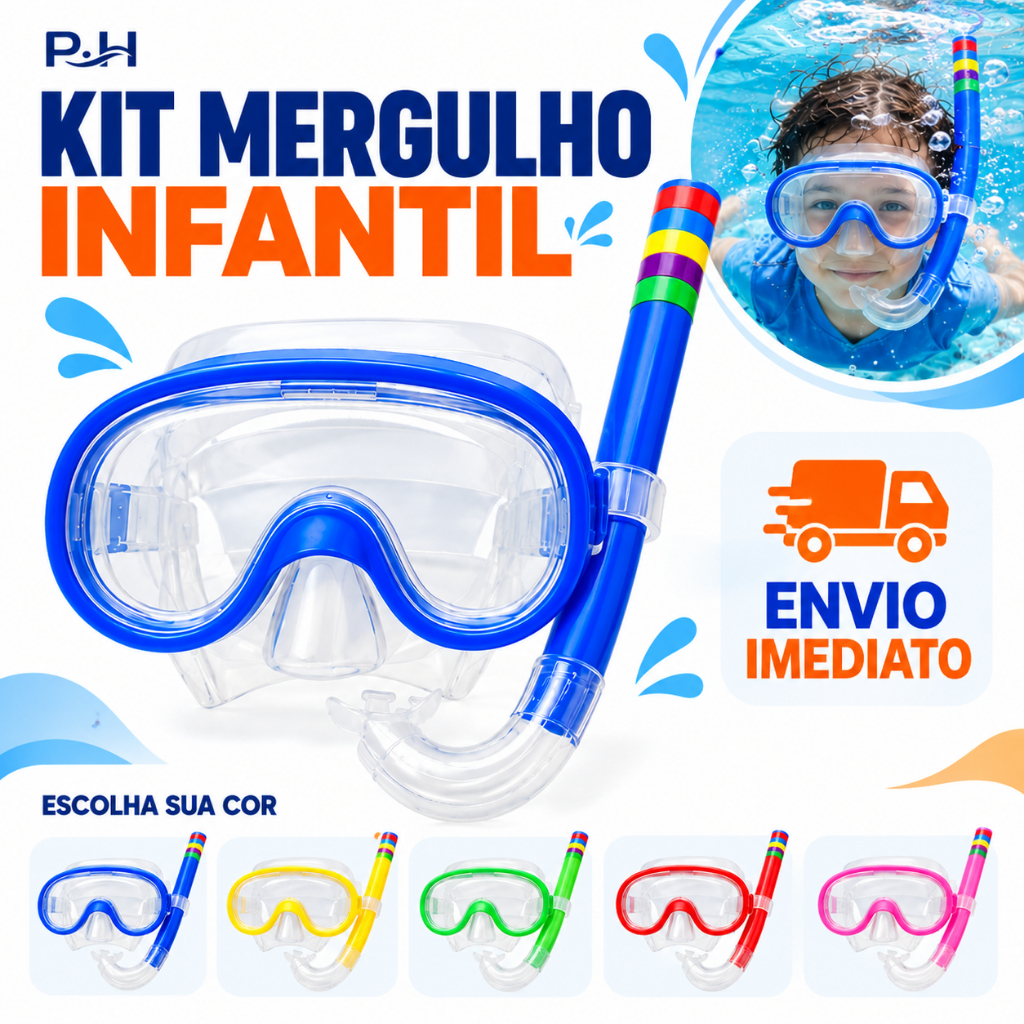 Kit Snorkel Infantil com Máscara + Respirador - Completo para Praia, Piscina e Mergulho