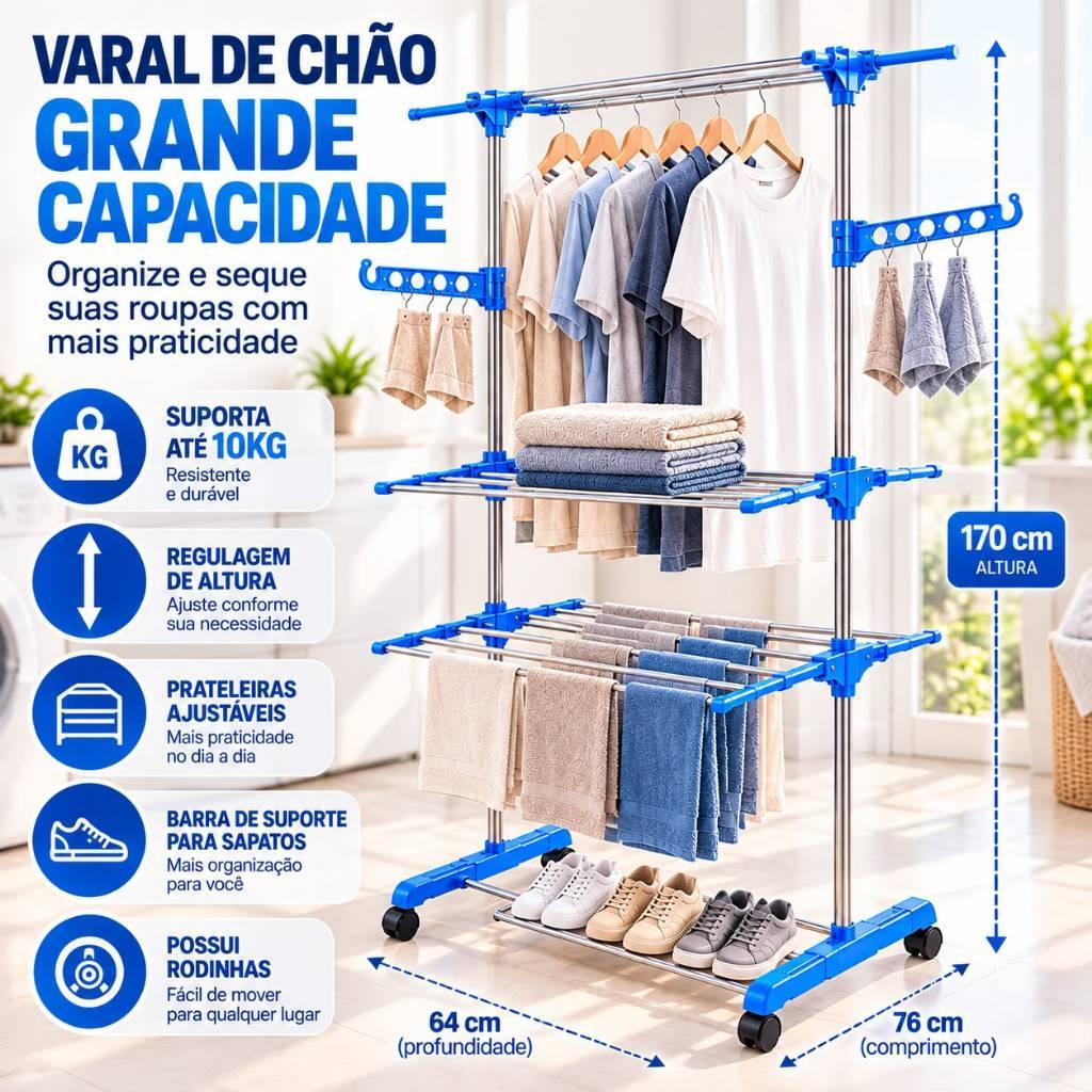 Varal de Chao Vertical 3 Andares Dobrável Grande com Rodinhas para Roupas 170cm