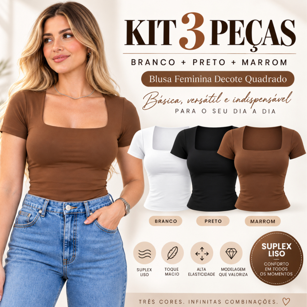 Kit 3 Blusa Feminina Suplex Gola Quadrada Decote Quadrado Manga Curta Baby Tee Básica Blusinha Academia