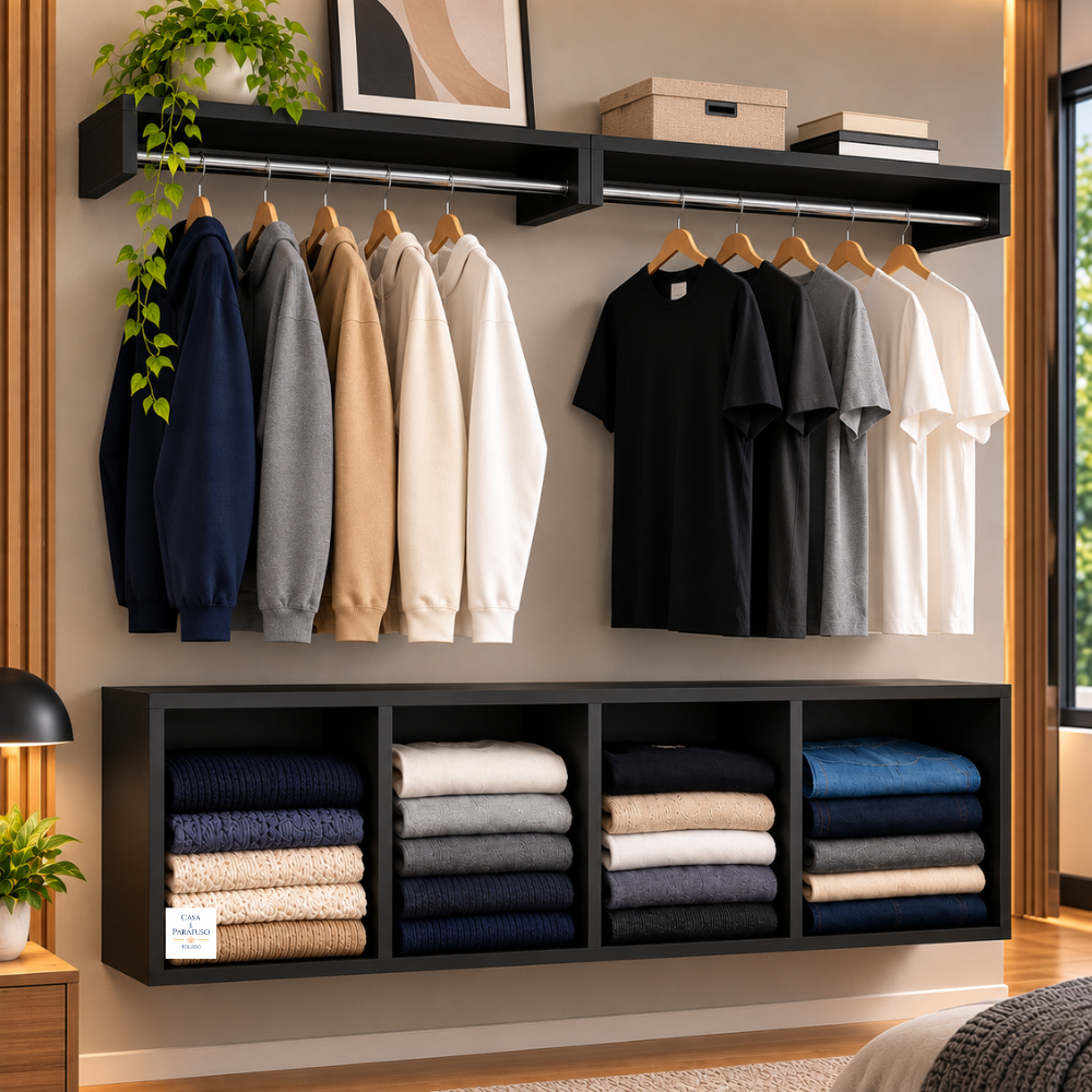 Cabideiro Suspenso Arara De Parede Closet Aberto--Organização e Praticidade para seu Quarto- 100