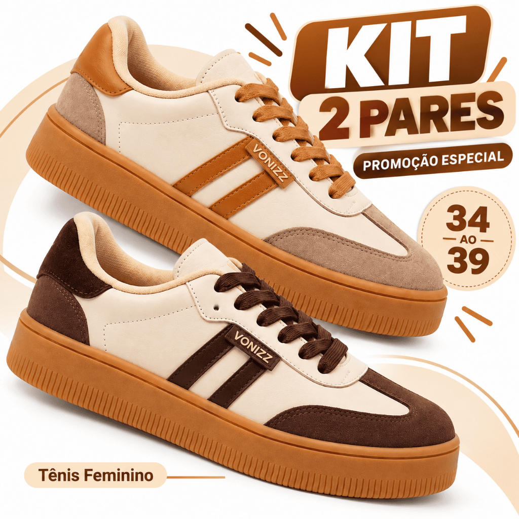 Kit 2 Pares Tênis Feminino Retrô Clássico Couro Bege Casual Sapato Baixo Macio Listra Estiloso Tendência Modinha Bonito