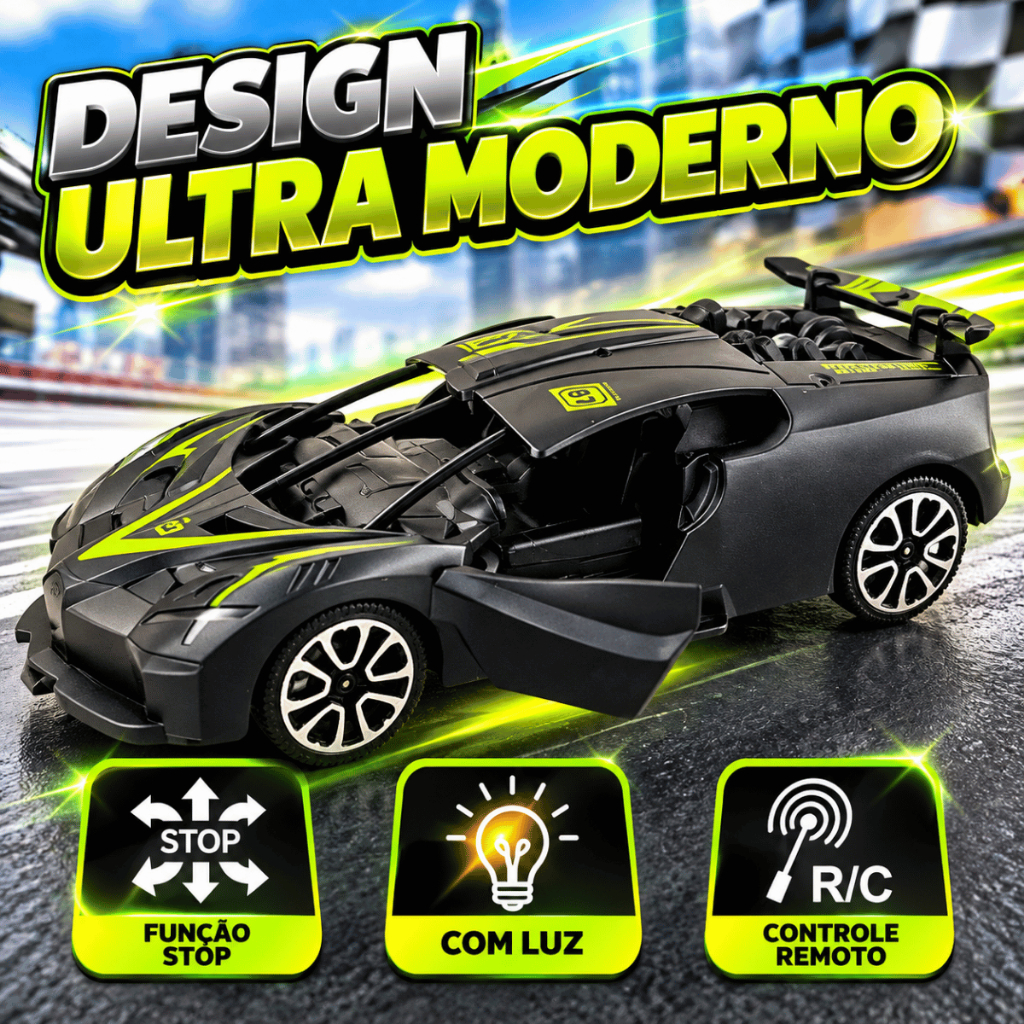 Carrinho de Controle Remoto Super Carro Preto Menino Abre Portas Farol Com Luzes