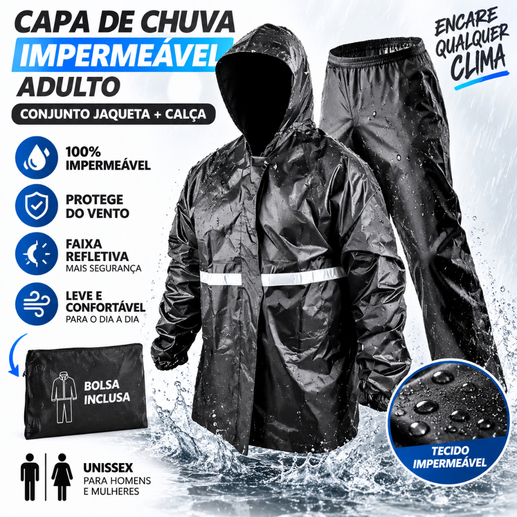 Capa de Chuva Adulto Impermeável Unissex Conjunto Jaqueta Calça Moto com Faixa Refletiva