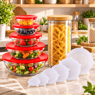 Kit Despensa Organizada 12 Peças Potes Vidro + Pote Hermético 1500 ml + Tampas Silicone