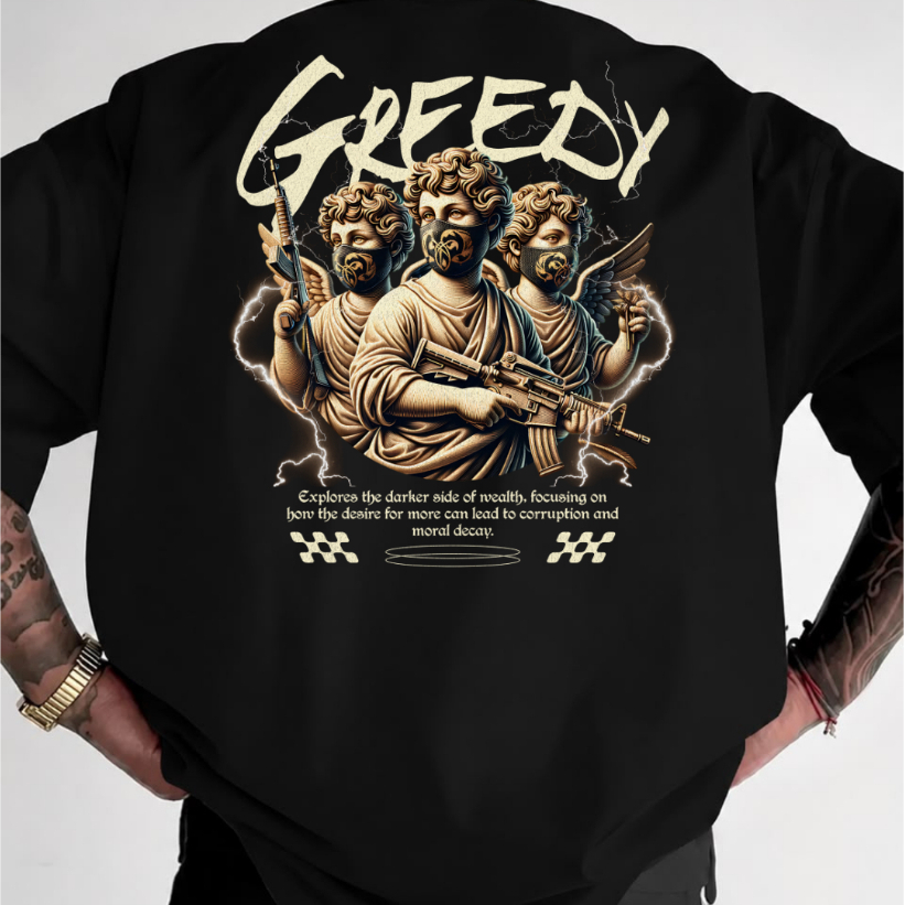 Camisa camiseta Basica masculina 100% Algodão estampada Greedy ANJOS ARMADOS PROTEÇÃO Moda Masculina Verão Confortavel