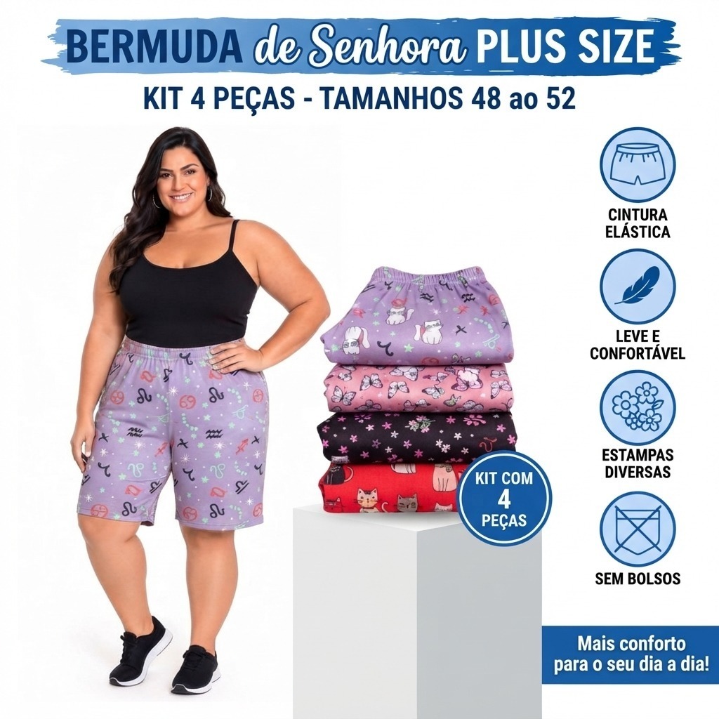Bermuda de Senhora Plus Size Kit 4 Peças Tamanhos 48 a 52 Cintura Elástica Estampas Diversas