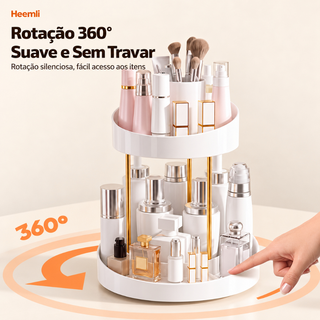 Organizador de Maquiagem Heemli Giratório 360° 2 Andares com Divisórias para Cosméticos
