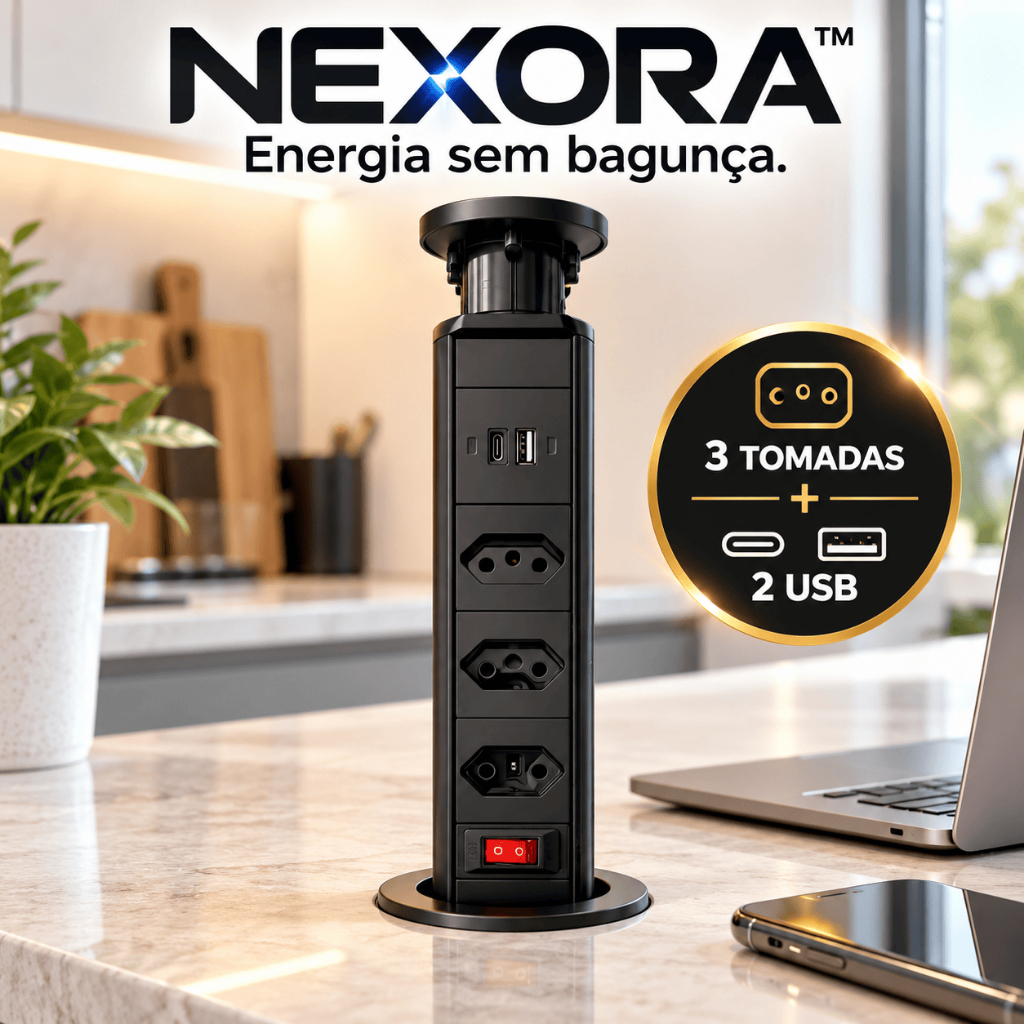 Extensão Retrátil de Mesa 3 Tomadas + 2 USB Embutir Bancada Escritório Torre de Energia Organizador