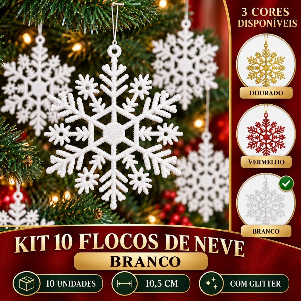 Flocos De Neve 10 Pingentes Grande C/ Glitter Decoração Enfeite Árvore Natal Branco/Vermelho/Dourado